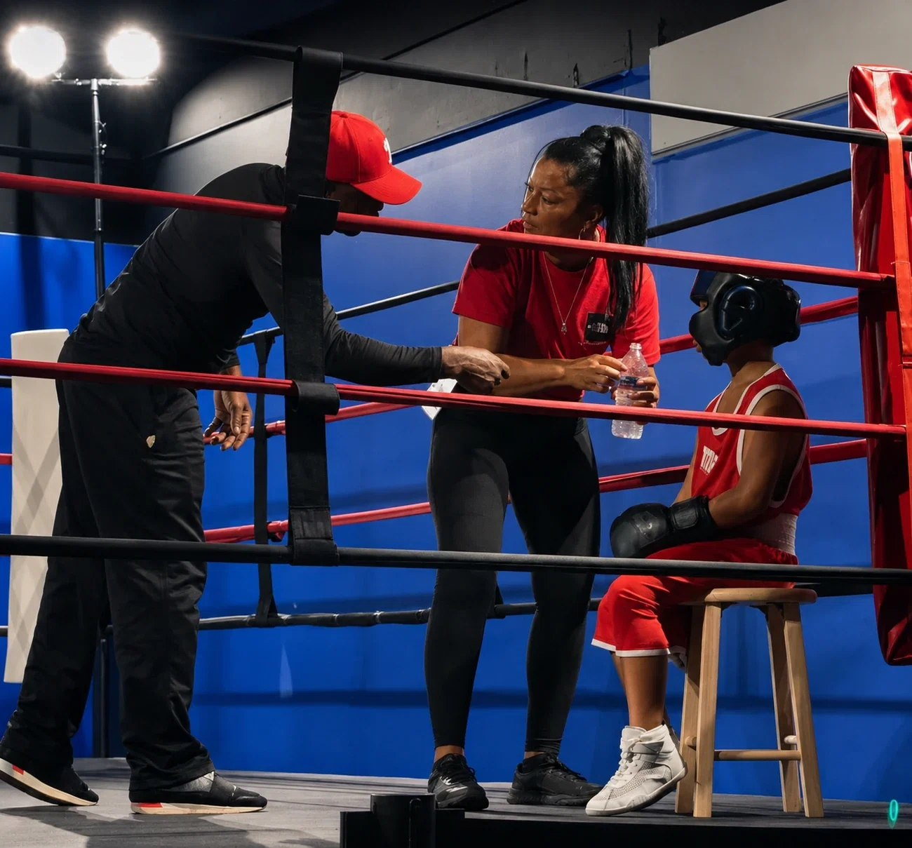 Coach Vicky and Coach Ron working with a youth boxer between rounds