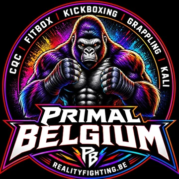 Primal Belgium logo featuring a gorilla and CQC, Fitbox, Kickboxing, Grappling and Kali